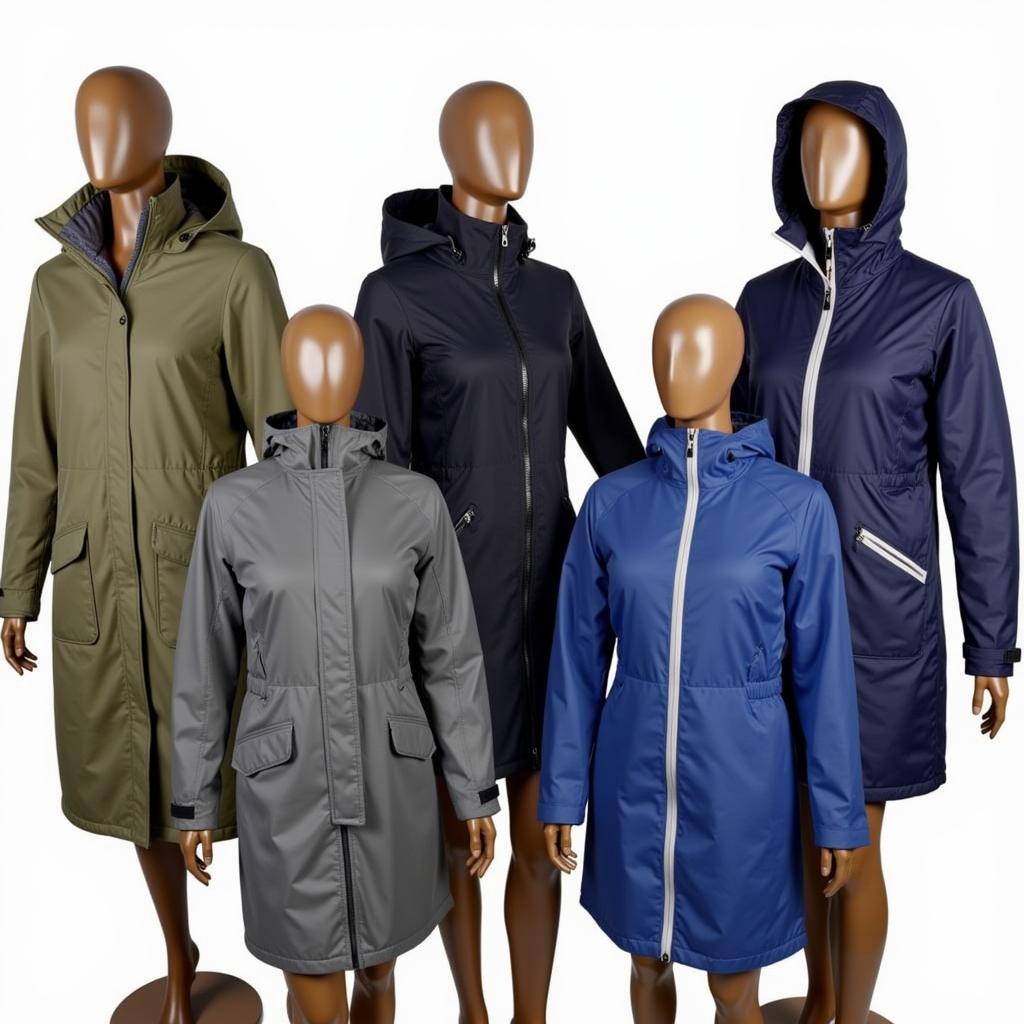 Various styles of horse riding winter jackets displayed on mannequins