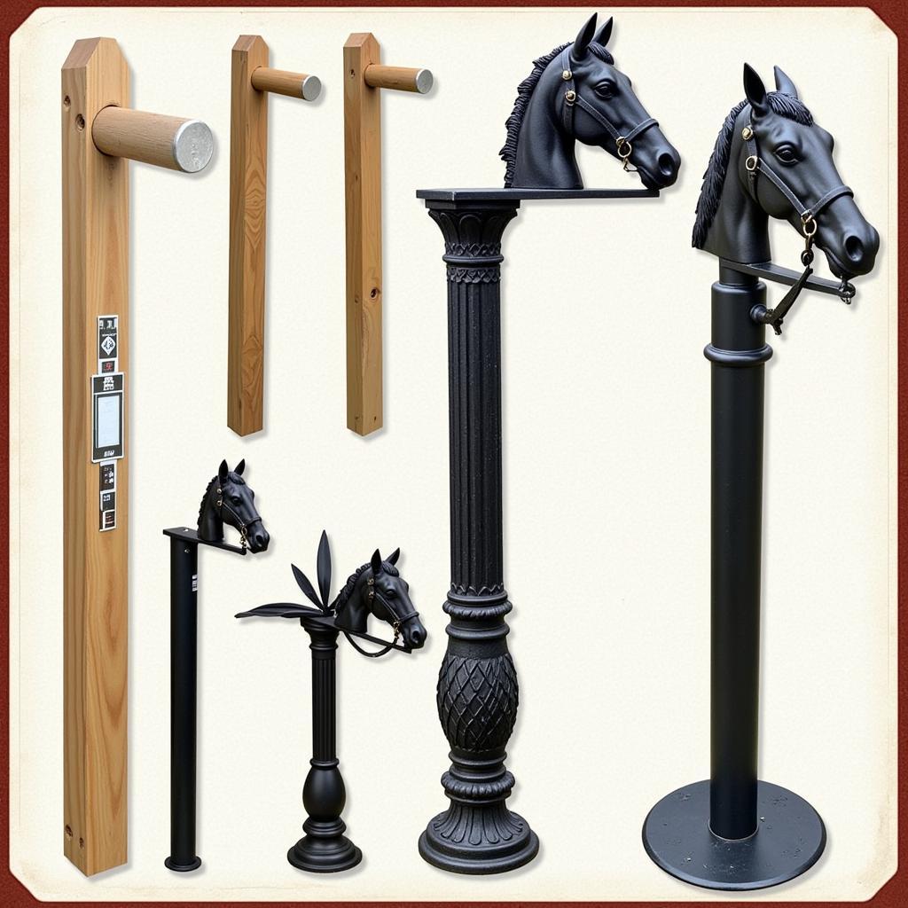 Various styles of hitching posts: wooden, metal, and decorative