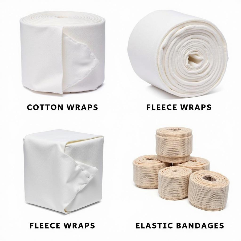 Different types of compression wraps for horses, including cotton, fleece, and elastic bandages