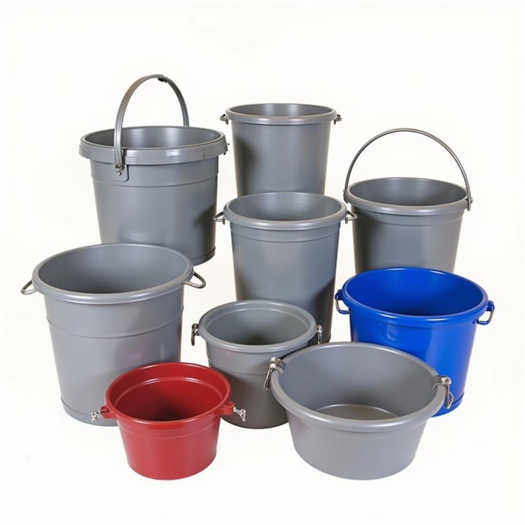 A variety of horse feed buckets showcasing different materials, sizes, and designs.