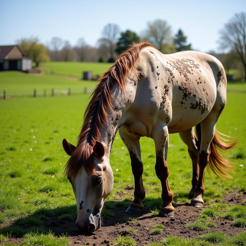 A dirty, but happy, horse in a field