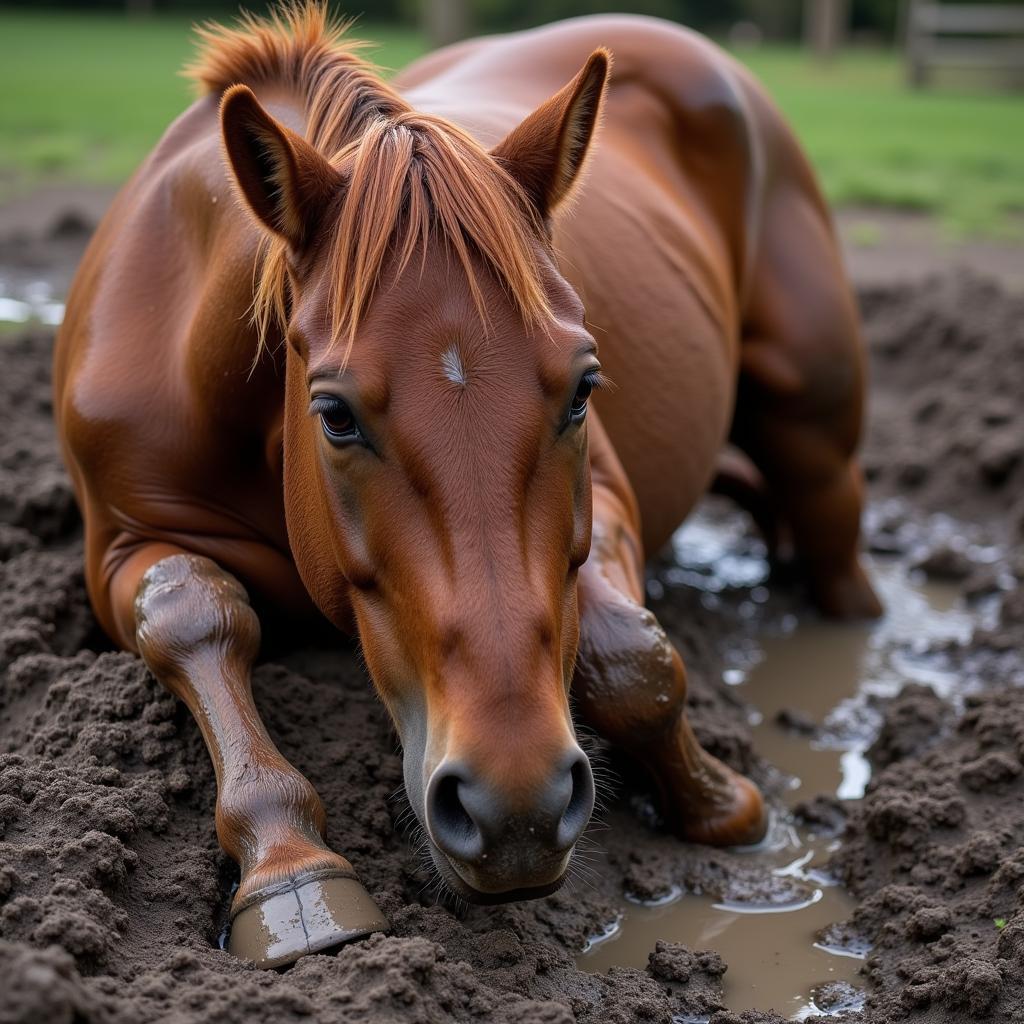 A horse happily rolling in mud