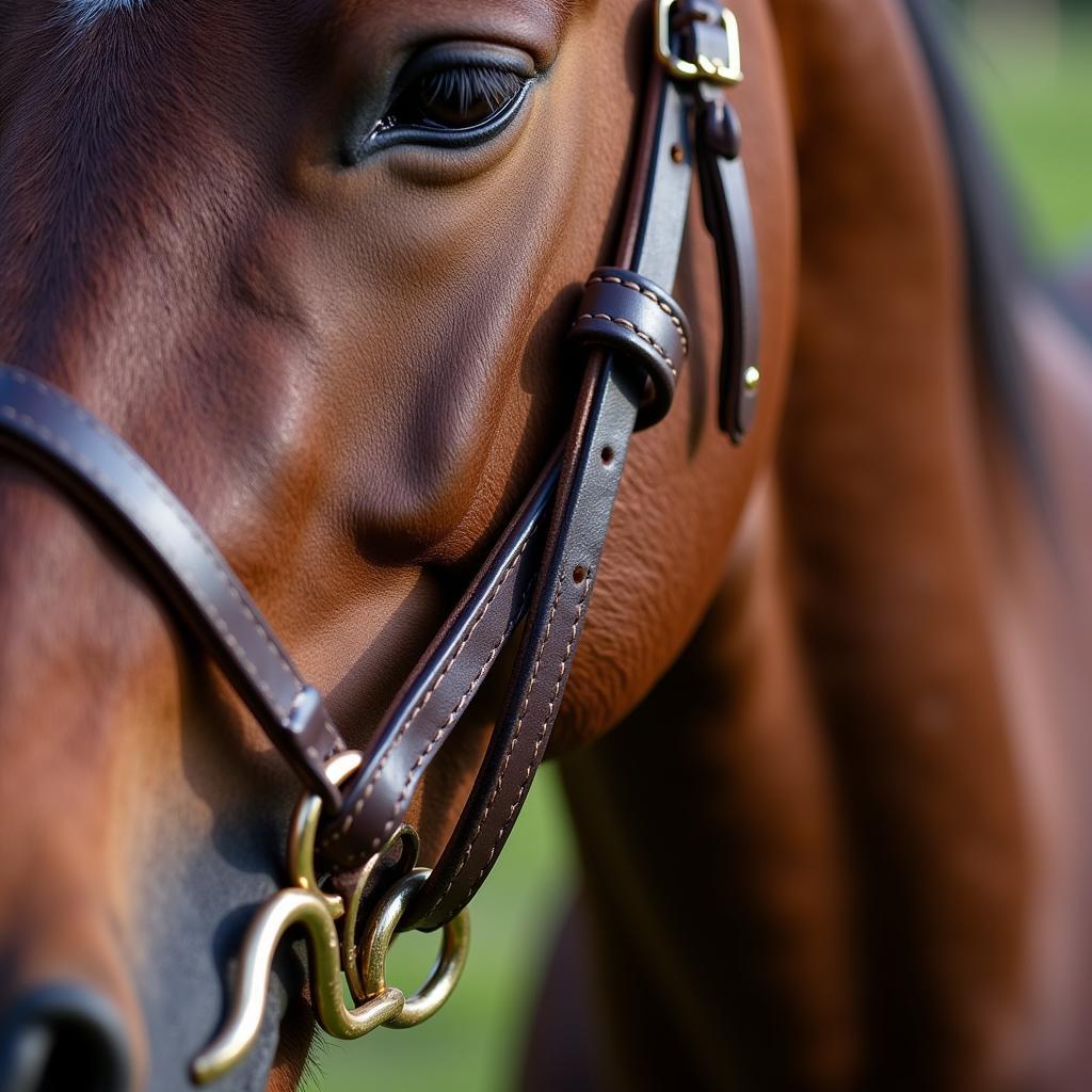 Close up of a draft horse bridle showing the detail of the leather and buckles.