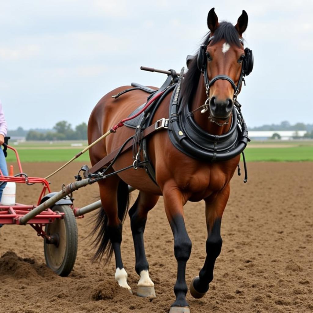 Draft horse wearing a bridle while plowing a field, demonstrating its practical use.