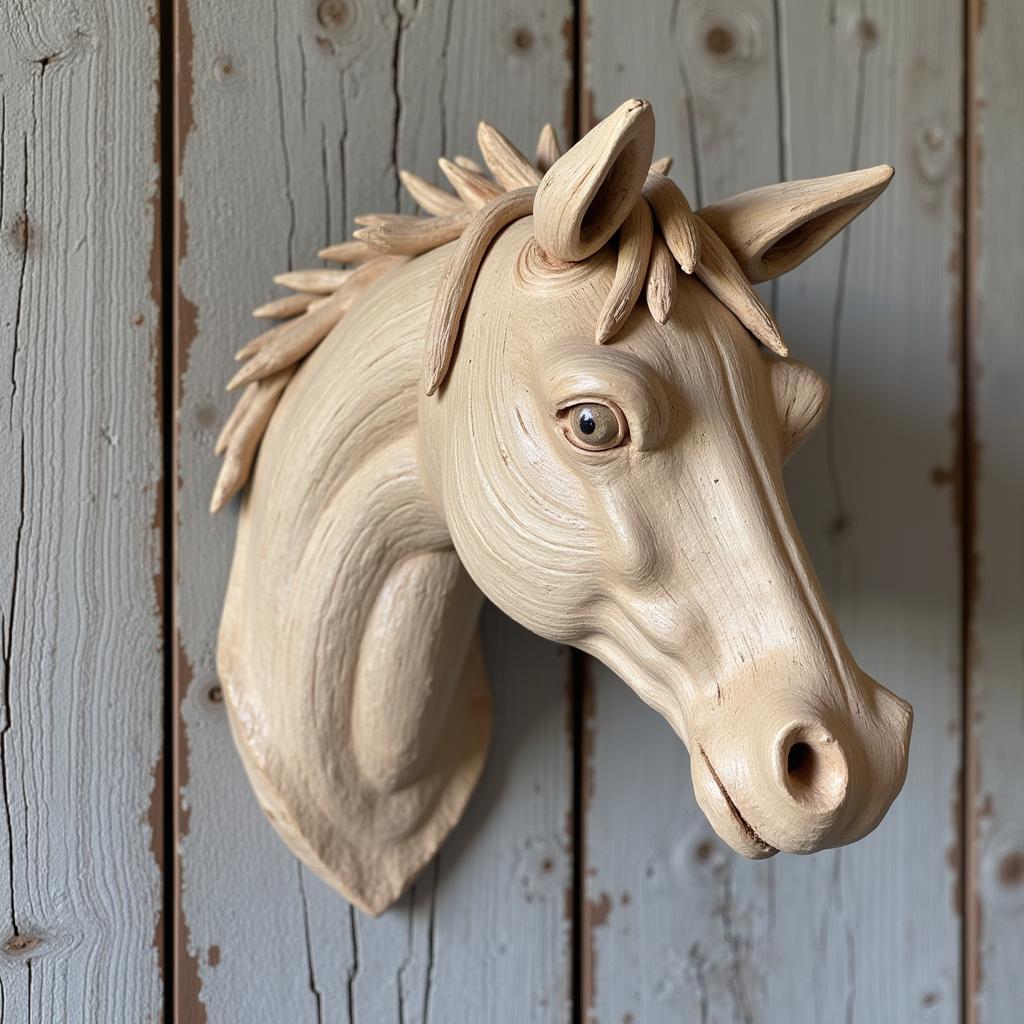 Driftwood horse head sculpture mounted on a rustic wooden wall, showcasing the intricate details of the natural material and craftsmanship.