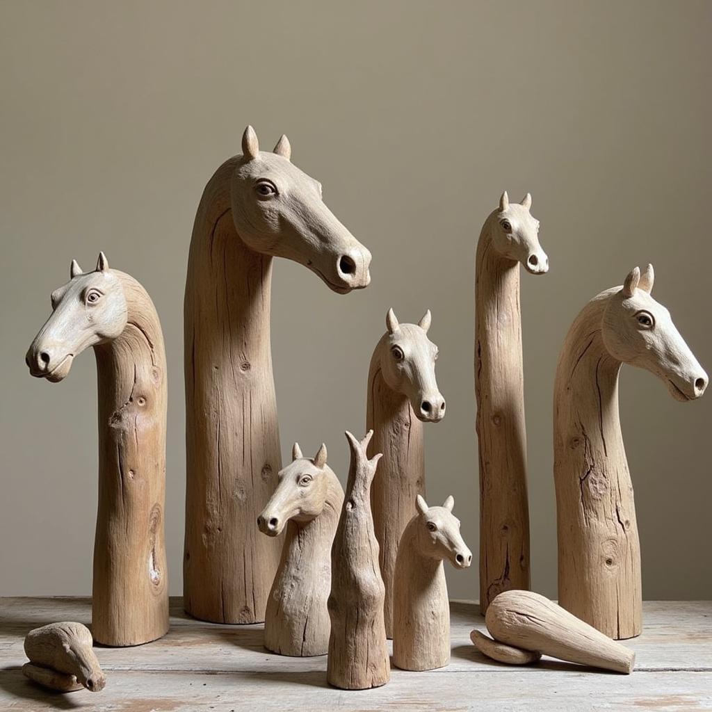 A collection of driftwood horse head sculptures in various sizes, styles, and finishes, displayed on a table.