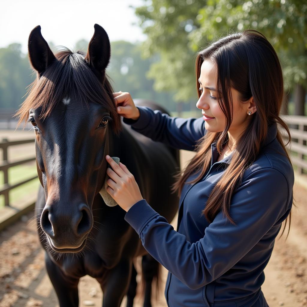 An owner meticulously grooming an ebony ice mini horse, emphasizing the importance of regular care and the bond between horse and owner.