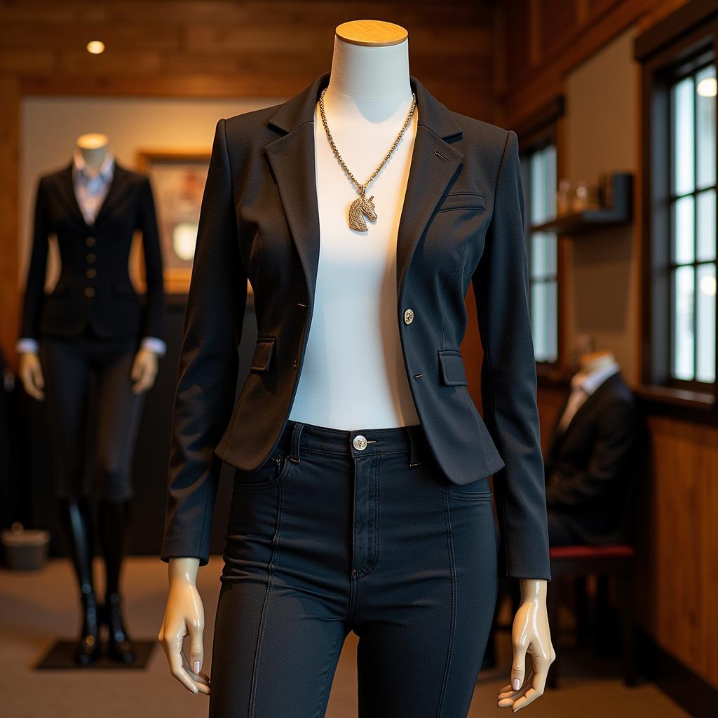 Equestrian themed jewelry and clothing displayed on a mannequin