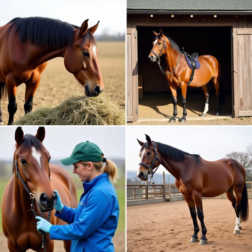 Essential Horse Care Practices: Nutrition, Shelter, Veterinary Care, and Training.