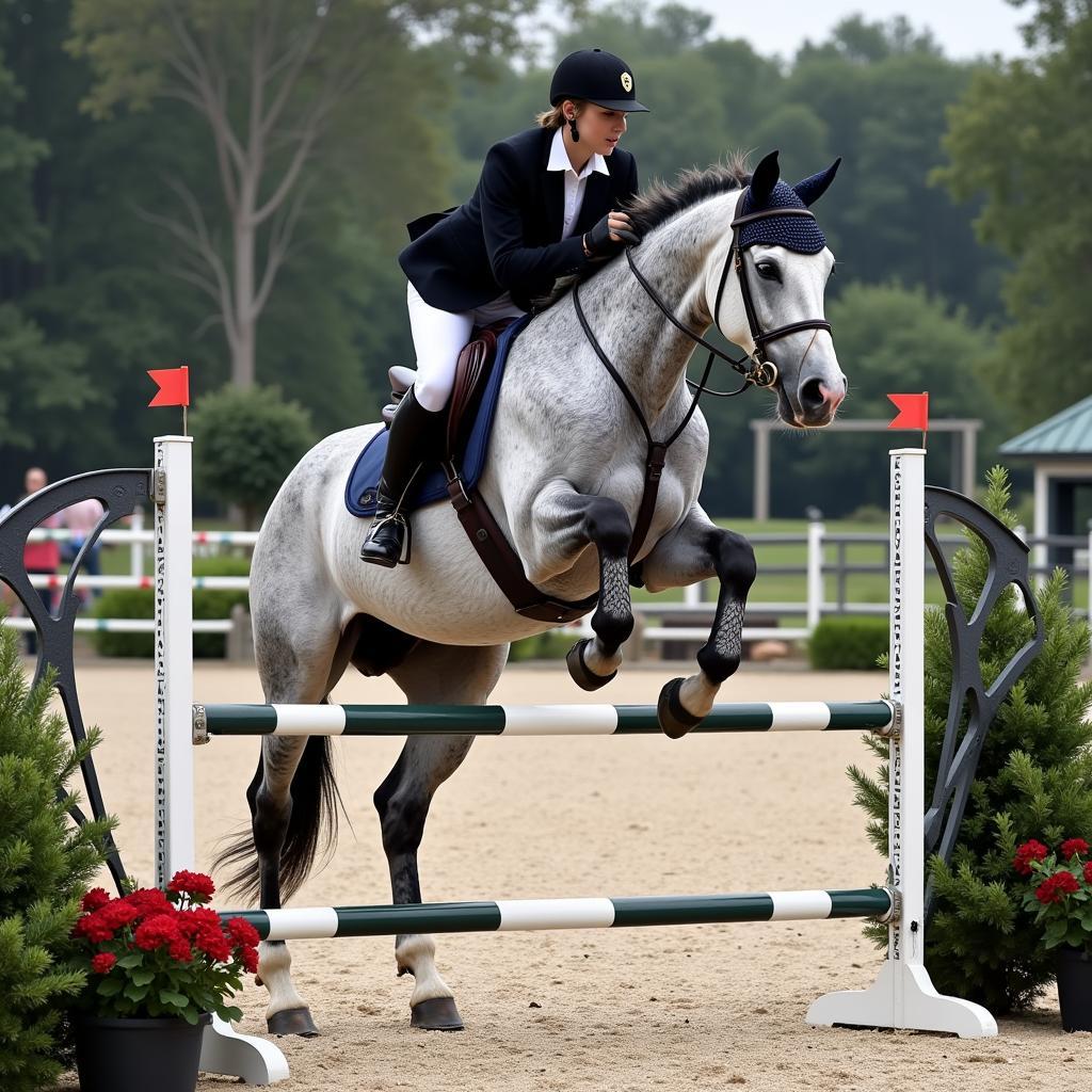 Expensive Show Jumping Horse Clearing a High Jump