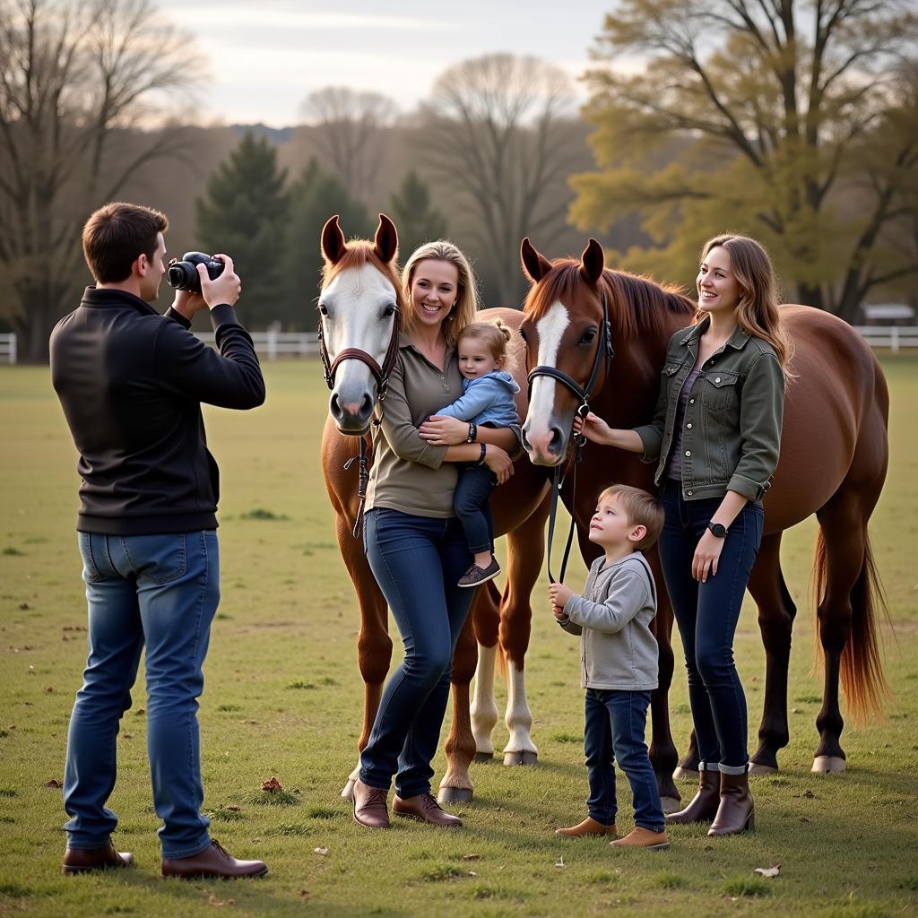 Family posing with horses for a photoshoot