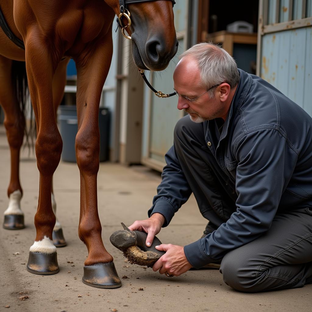 Farrier Examining Horse Hoof