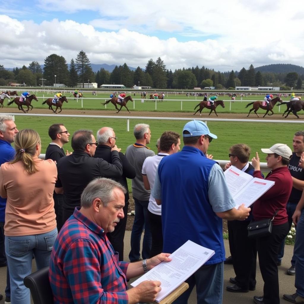 Spectators at Ferndale Horse Races - A diverse group of people enjoying a day at the Ferndale horse races, some cheering, others studying the racing form.