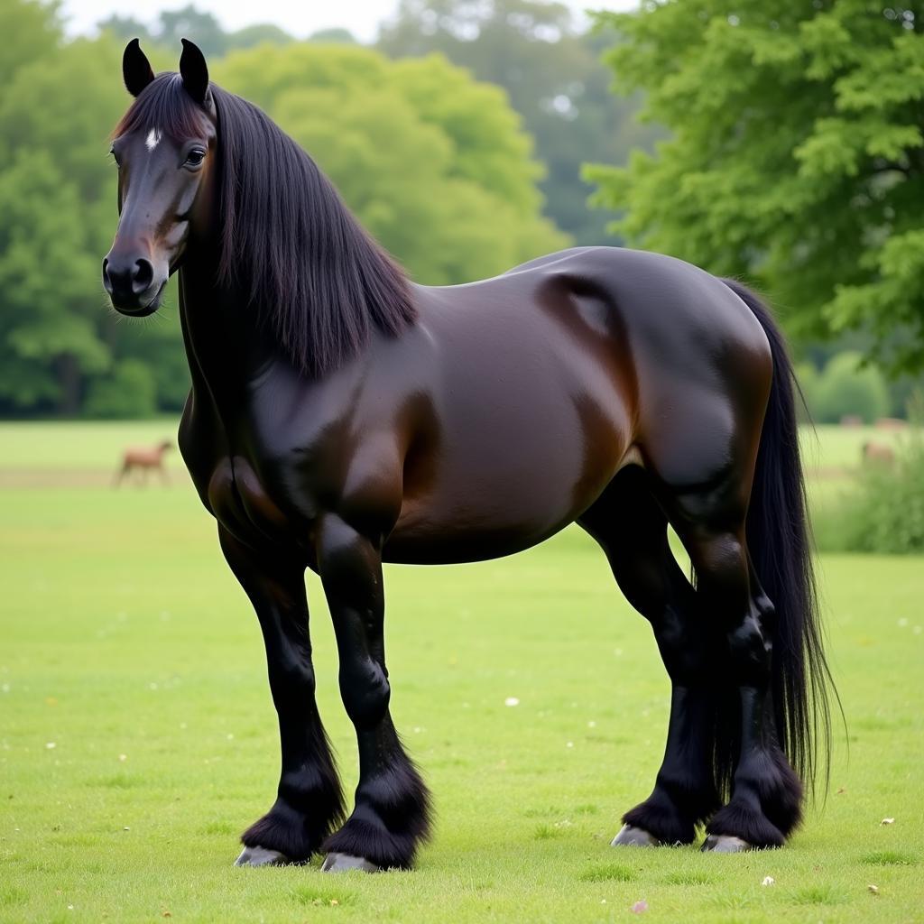 Friesian horse showcasing its black coat and muscular build