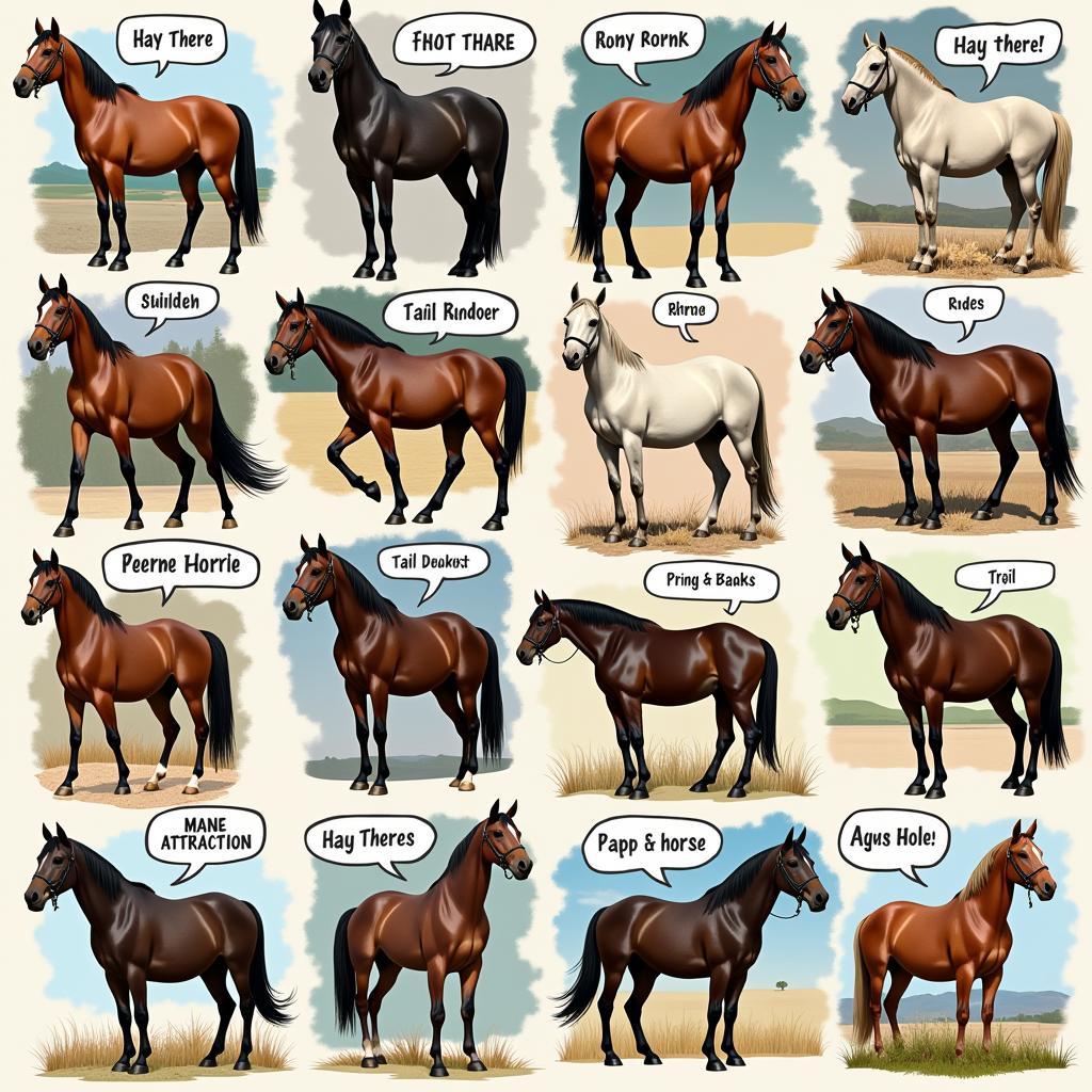 A collage of images depicting horses with funny pun names.