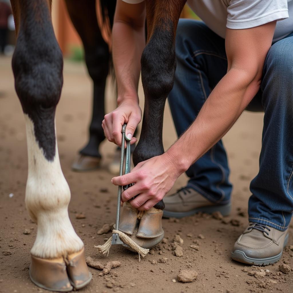 A gaited horse receiving hoof care from a farrier