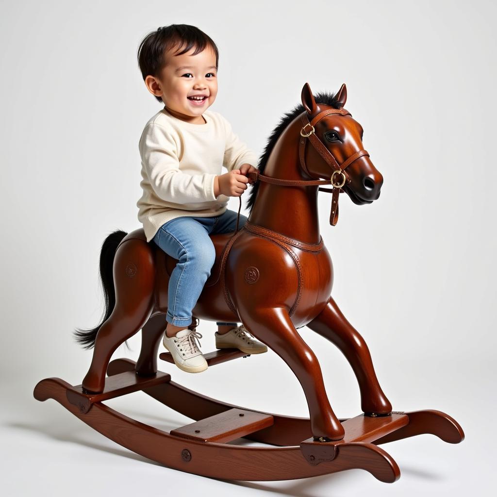 Child happily playing on a beautifully crafted handmade wooden rocking horse