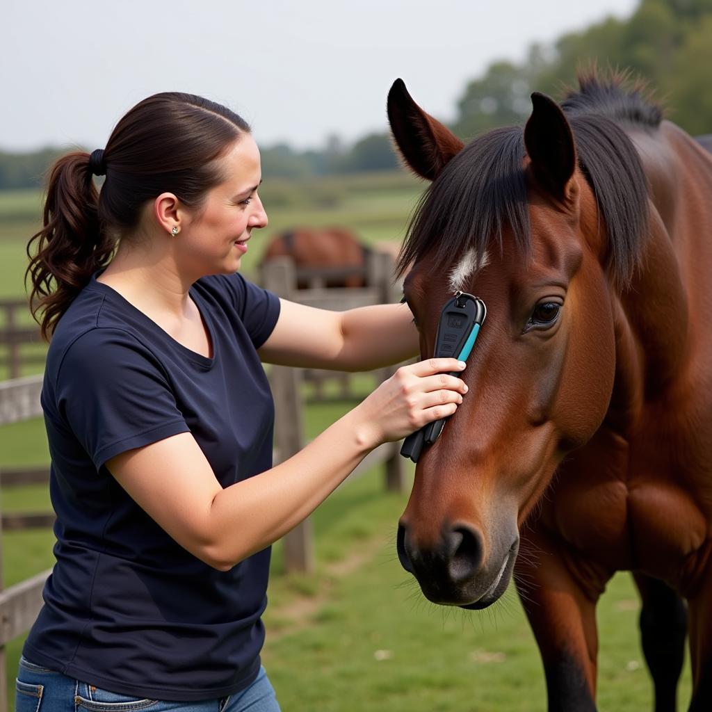 Woman grooming a horse