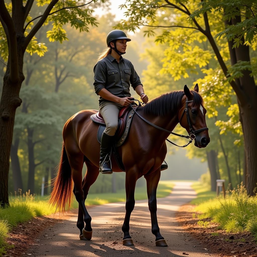 A rider on Harley the horse enjoying a scenic trail ride through a forest