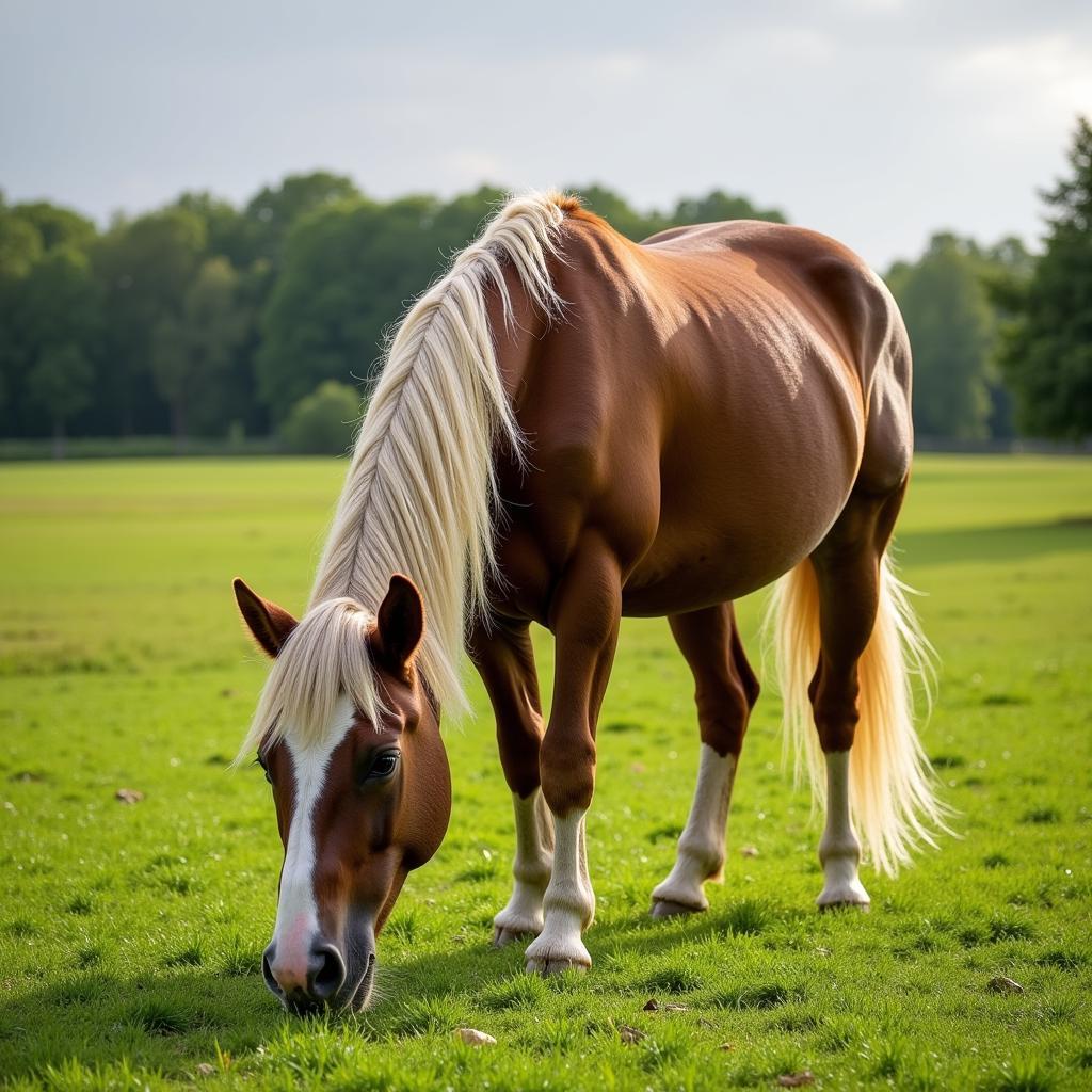 Healthy Horse Grazing on a Well-Maintained Pasture