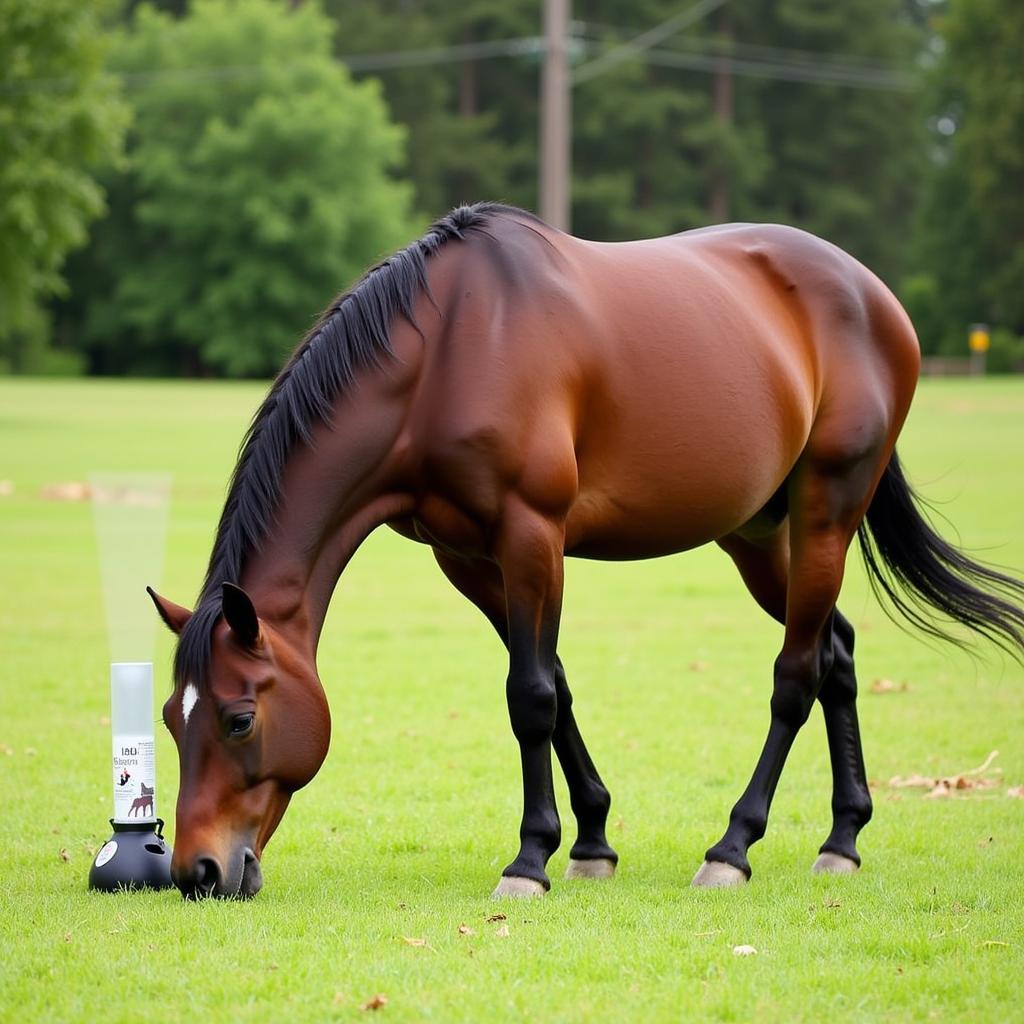 A healthy, happy horse grazing in a pasture with a horse pal fly trap in the background.