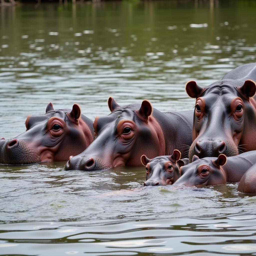 Hippopotamus family in the water