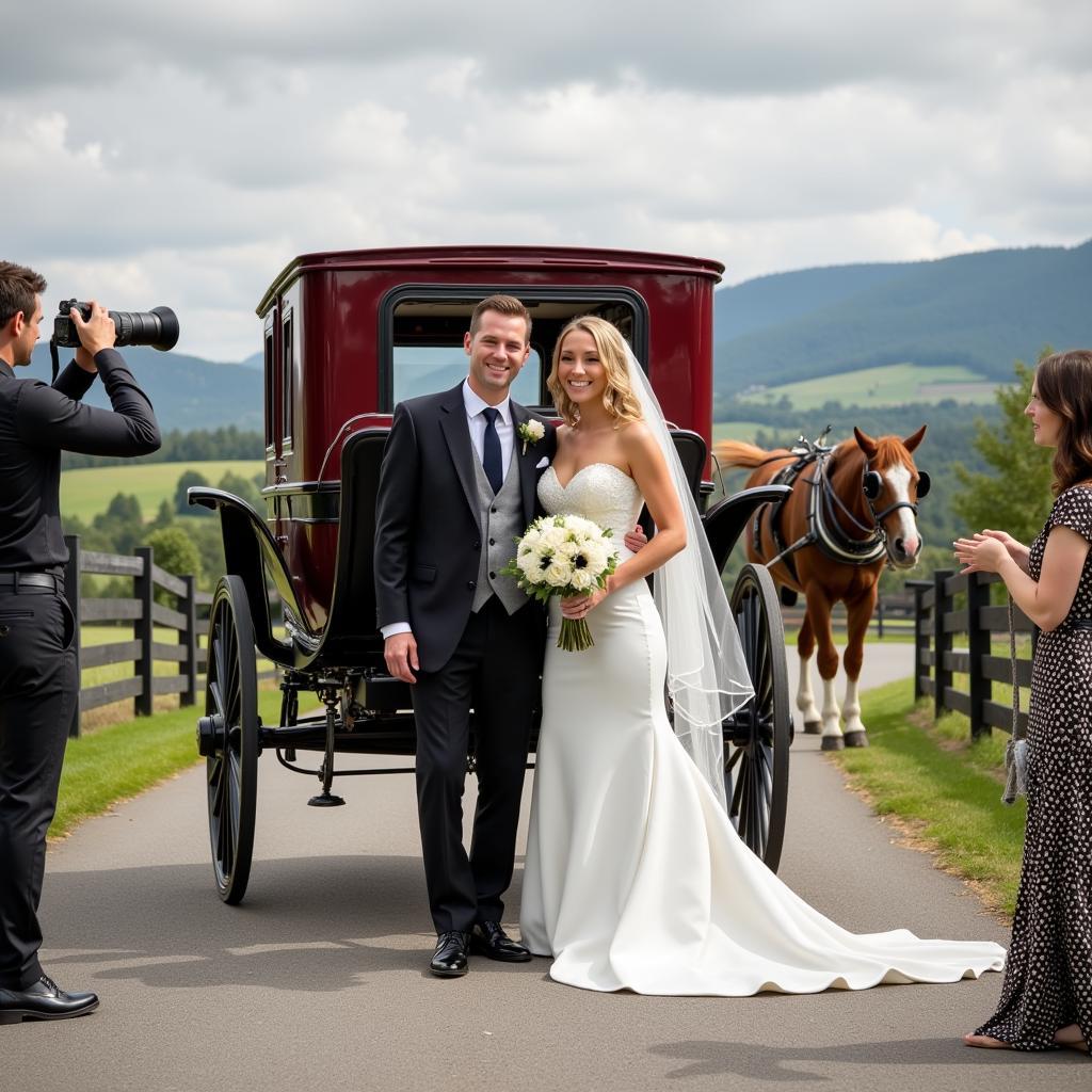 Bride and groom posing for photos with their horse and carriage.