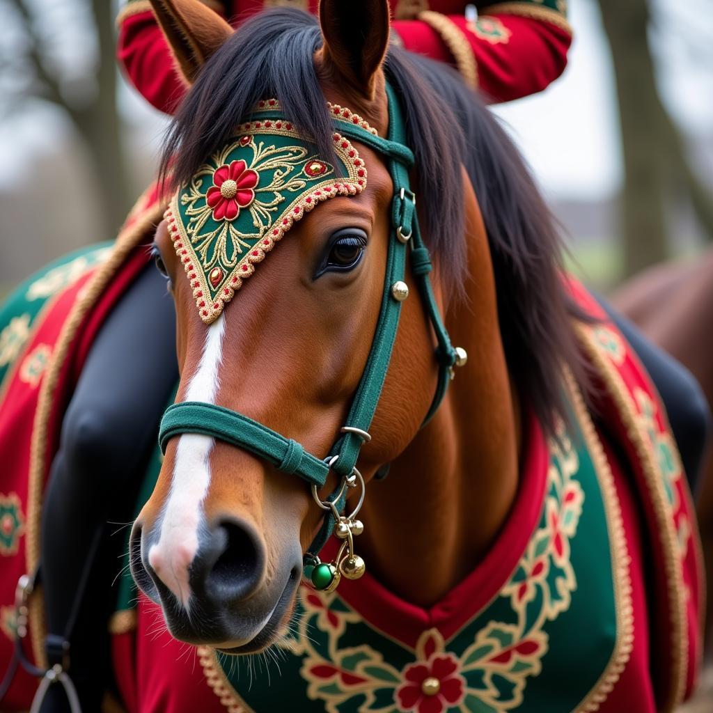 Horse and rider in elaborate jingle bell costume