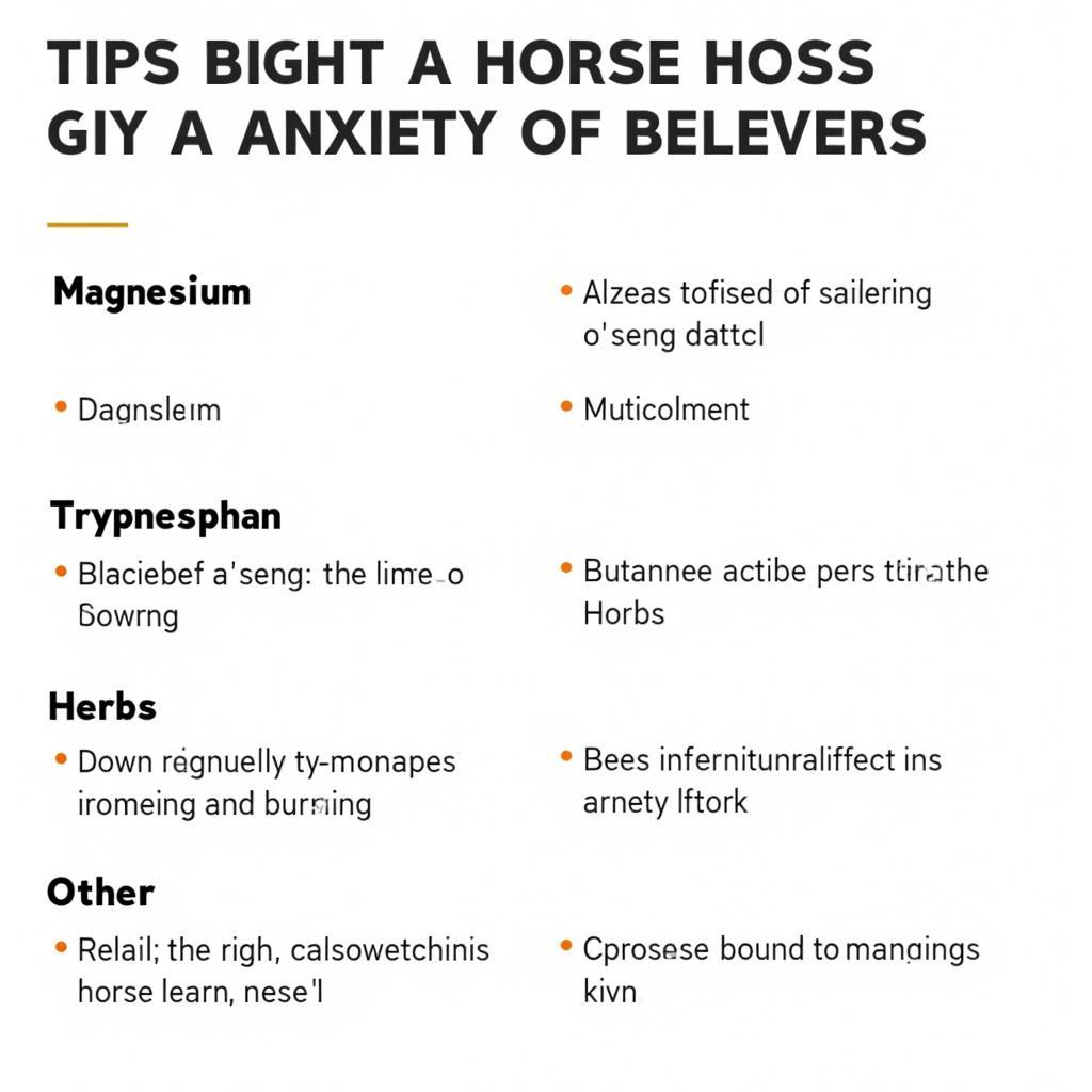 Various horse anxiety supplement options like magnesium, tryptophan, and herbs.