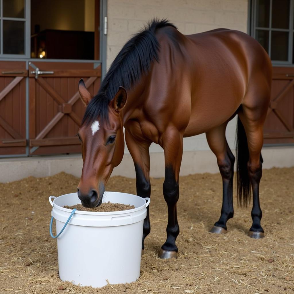 Horse calmly eating Zylkene supplemented feed