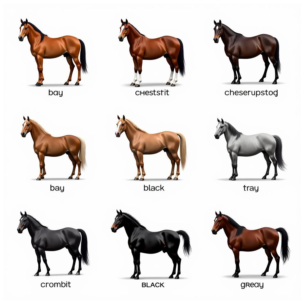 A collage of horses of different colors, including bay, chestnut, black, and gray