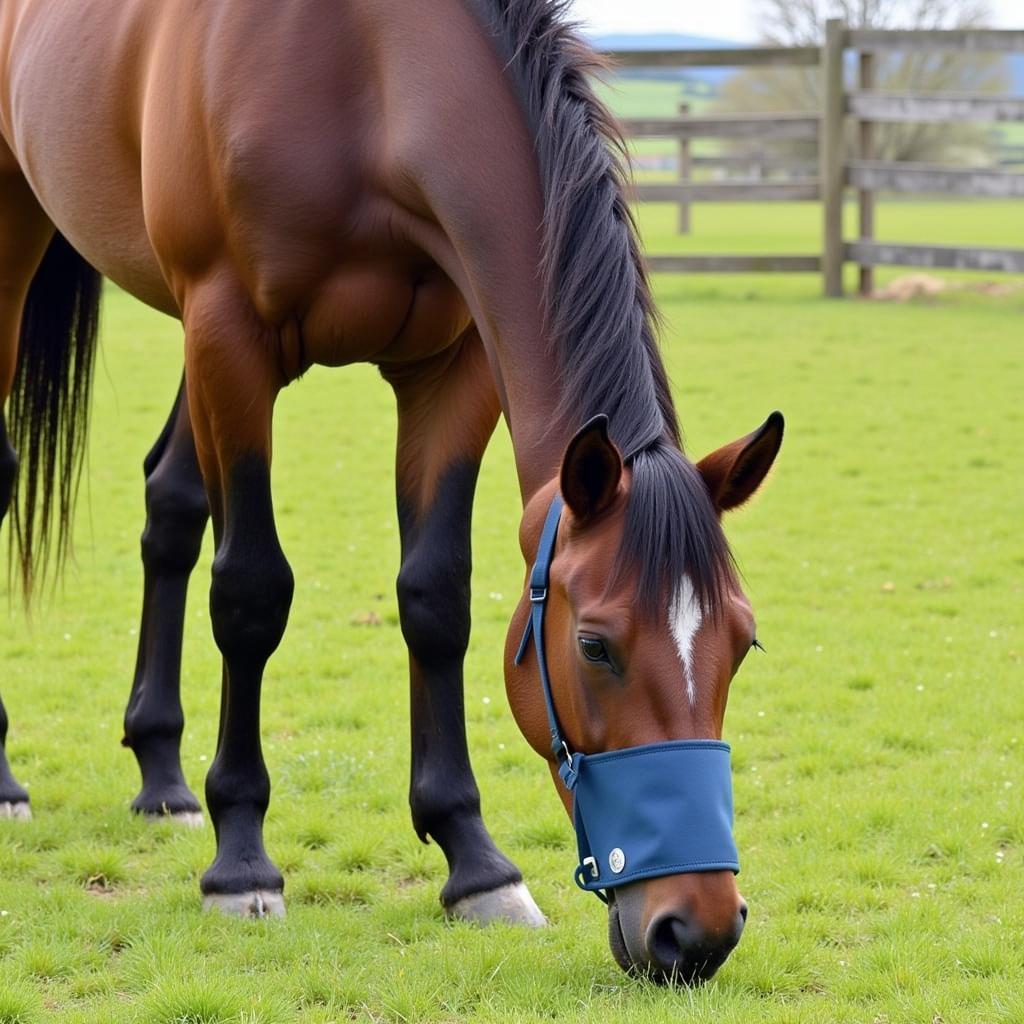 Horse Comfortably Grazing With a Muzzle