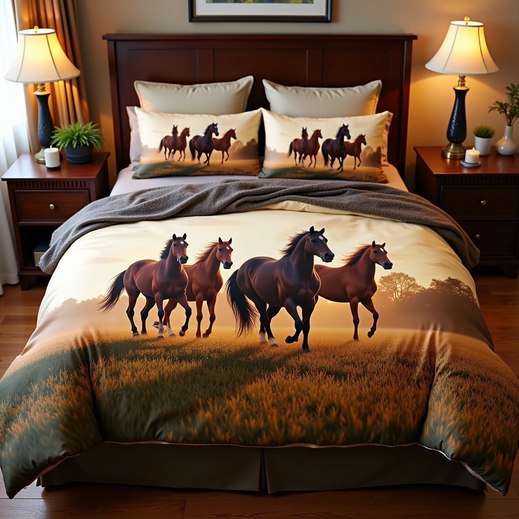 Horse comforter set in a cozy bedroom with matching accessories.