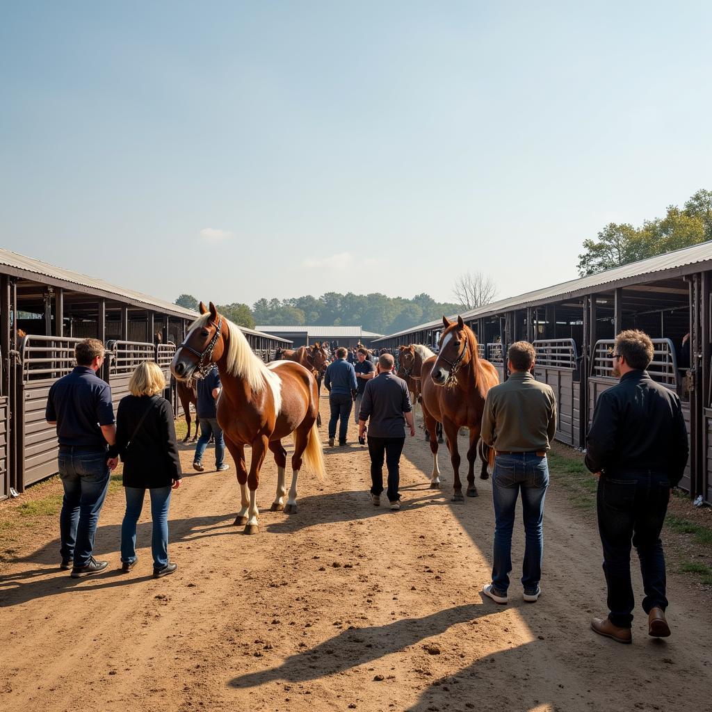 Horse consignment sale overview: Multiple horses in a paddock, awaiting inspection by potential buyers.