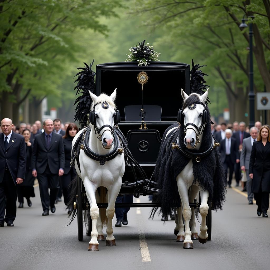 Horse-drawn funeral procession with black carriage and white horses