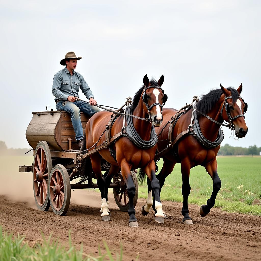 Horse Drawn Seed Planter in Field: A farmer operating a horse-drawn seed planter in a field, demonstrating the historical context of this technology.