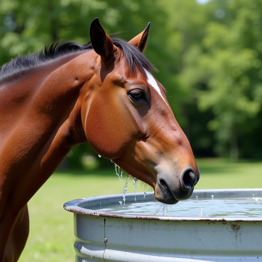 Horse Drinking From Tank in Hot Summer