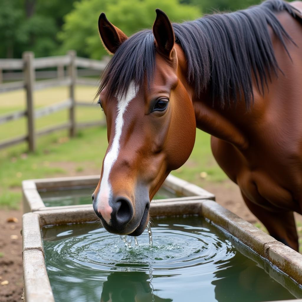 Horse Drinking From a Large Water Trough