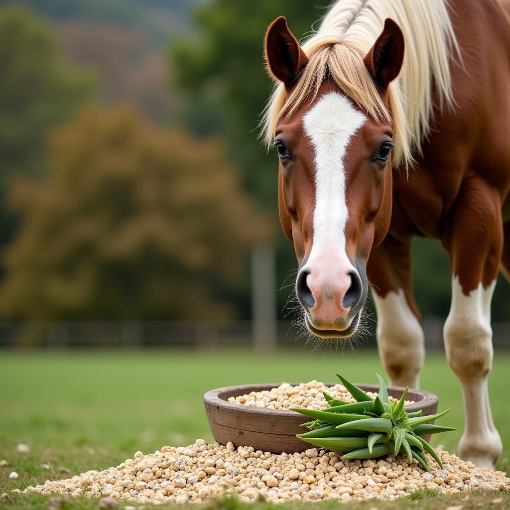 Horse Eating Feed with Aloe Vera Pellets