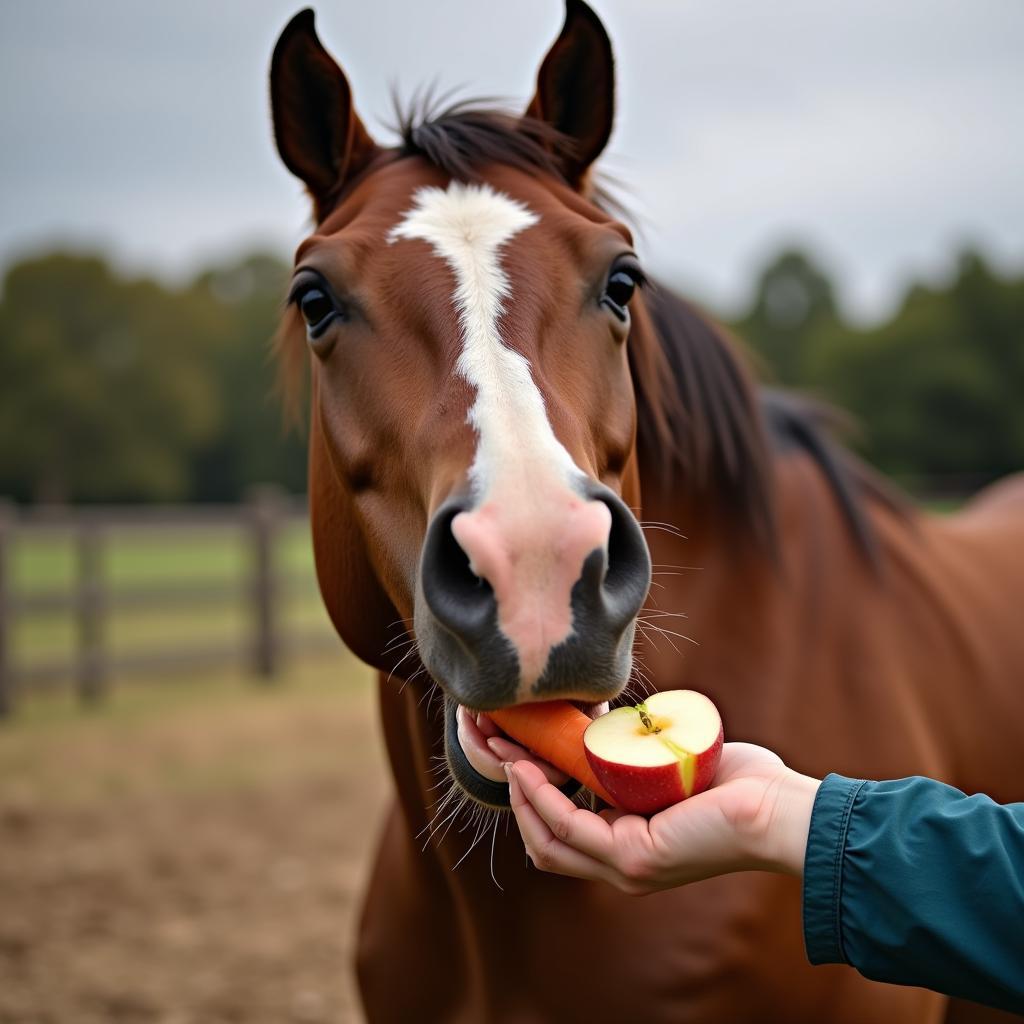 Horse enjoying carrots and apples