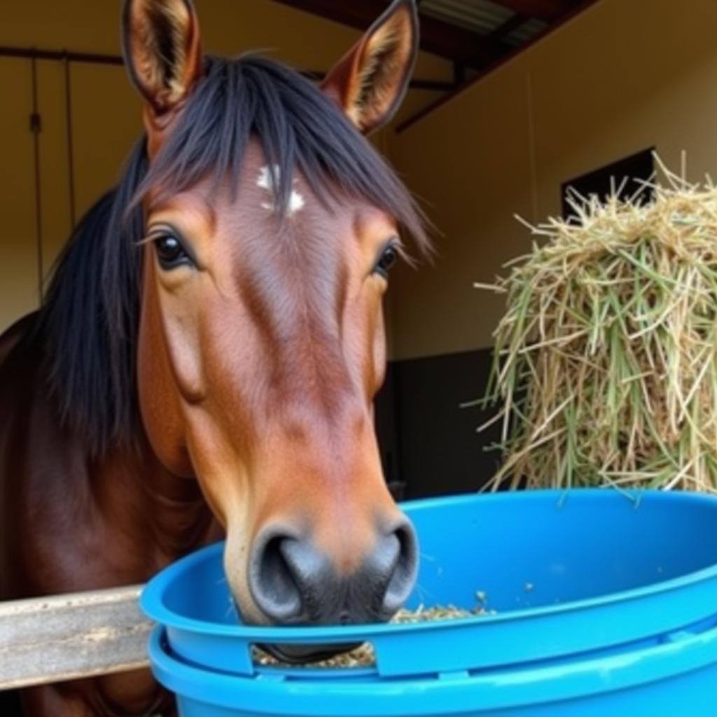 Horse Enjoying Meal from a Feed Bucket