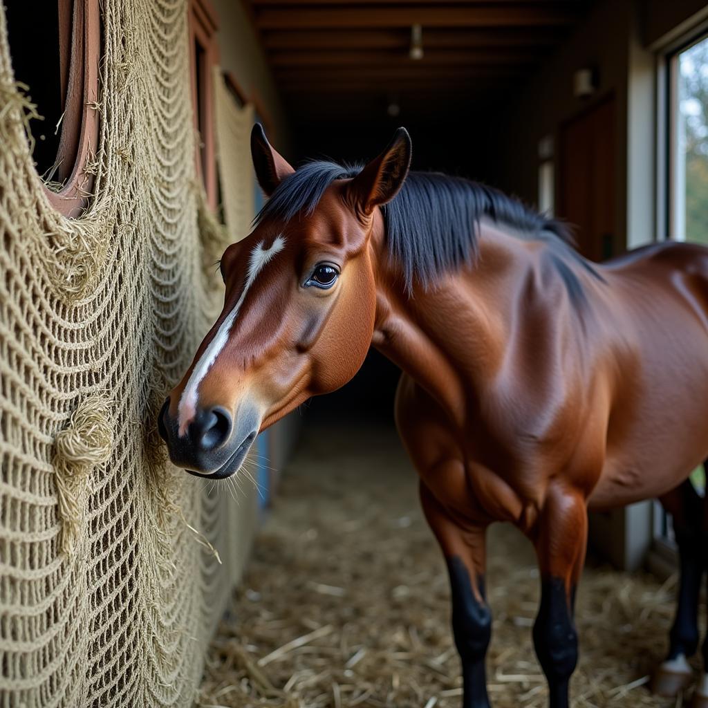 Horse eating from a hay net