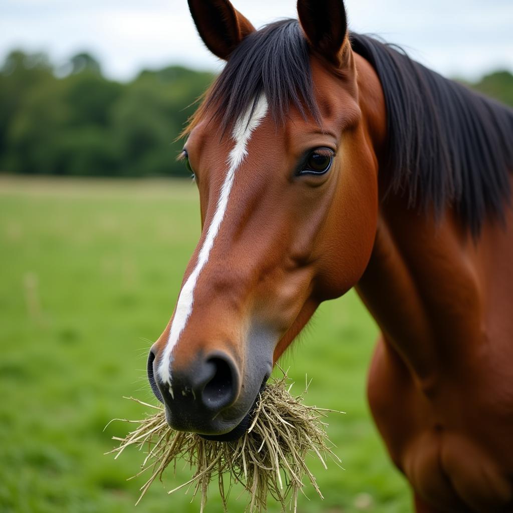 Horse Eating Hay in a Field