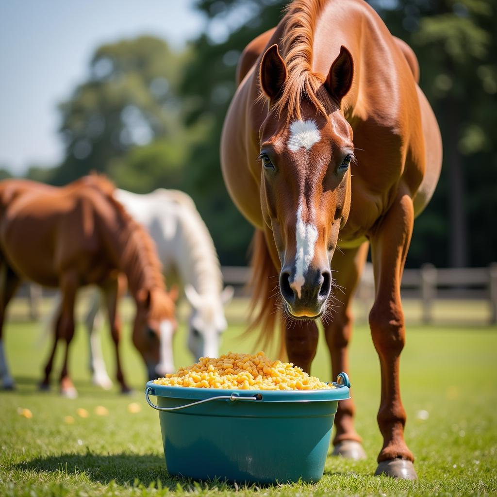 A horse happily eating its correctly portioned meal from a feed bucket.