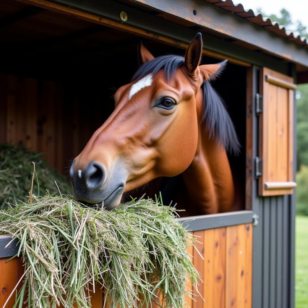 A Horse Enjoying a Meal from a Covered Hay Feeder