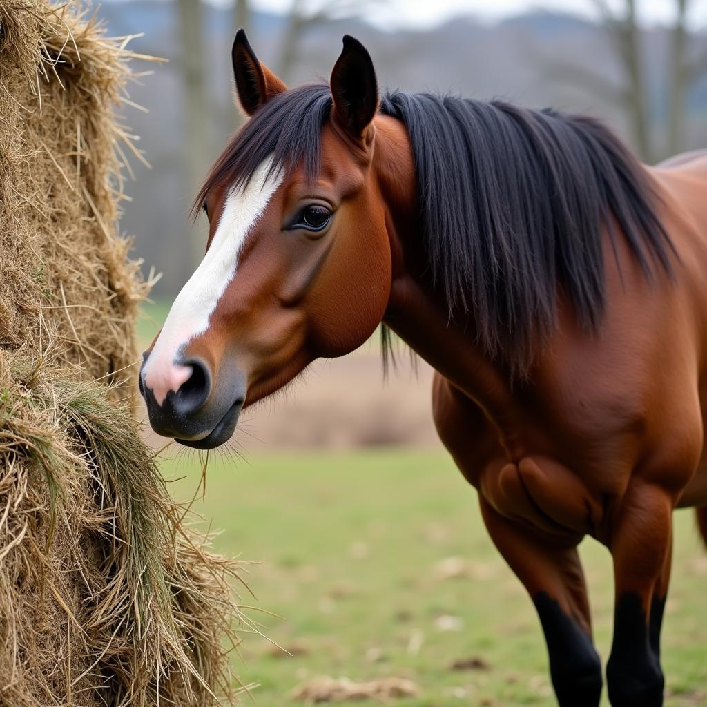 Horse Examining Hay for Foxtail