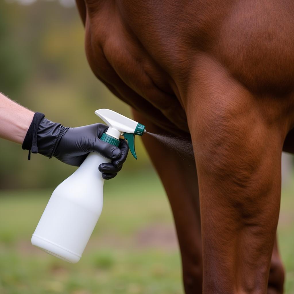 Applying Fly Repellent to a Horse