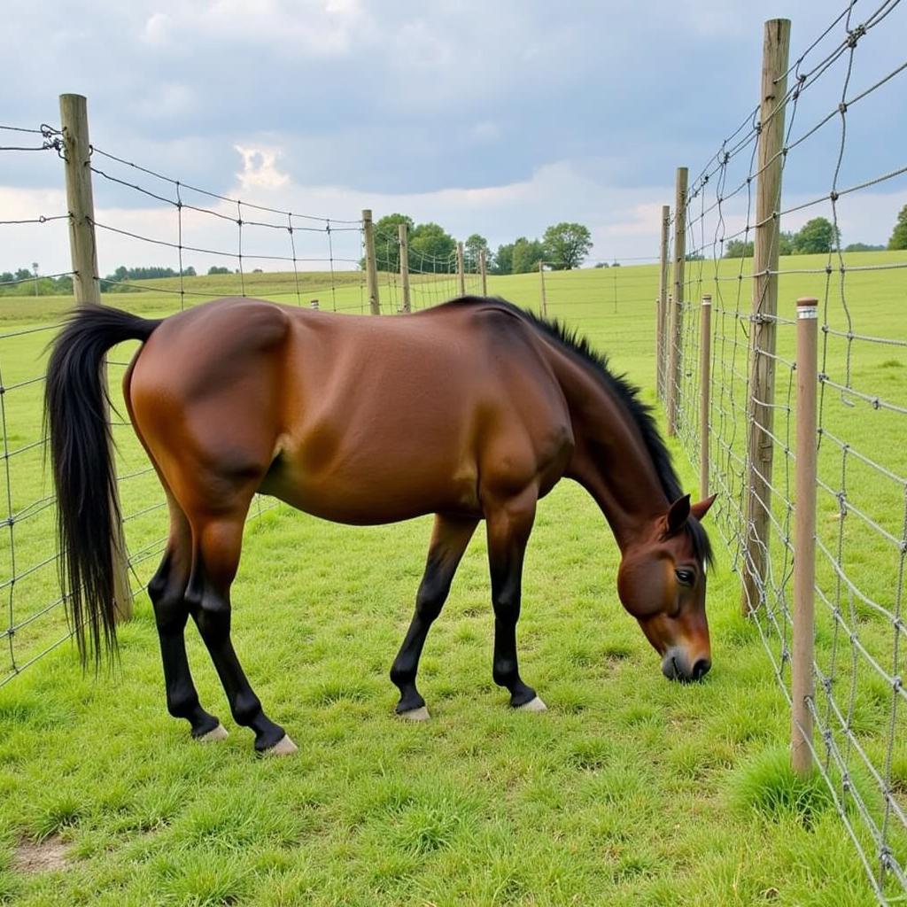 Horse safely grazing near a barbless wire fence