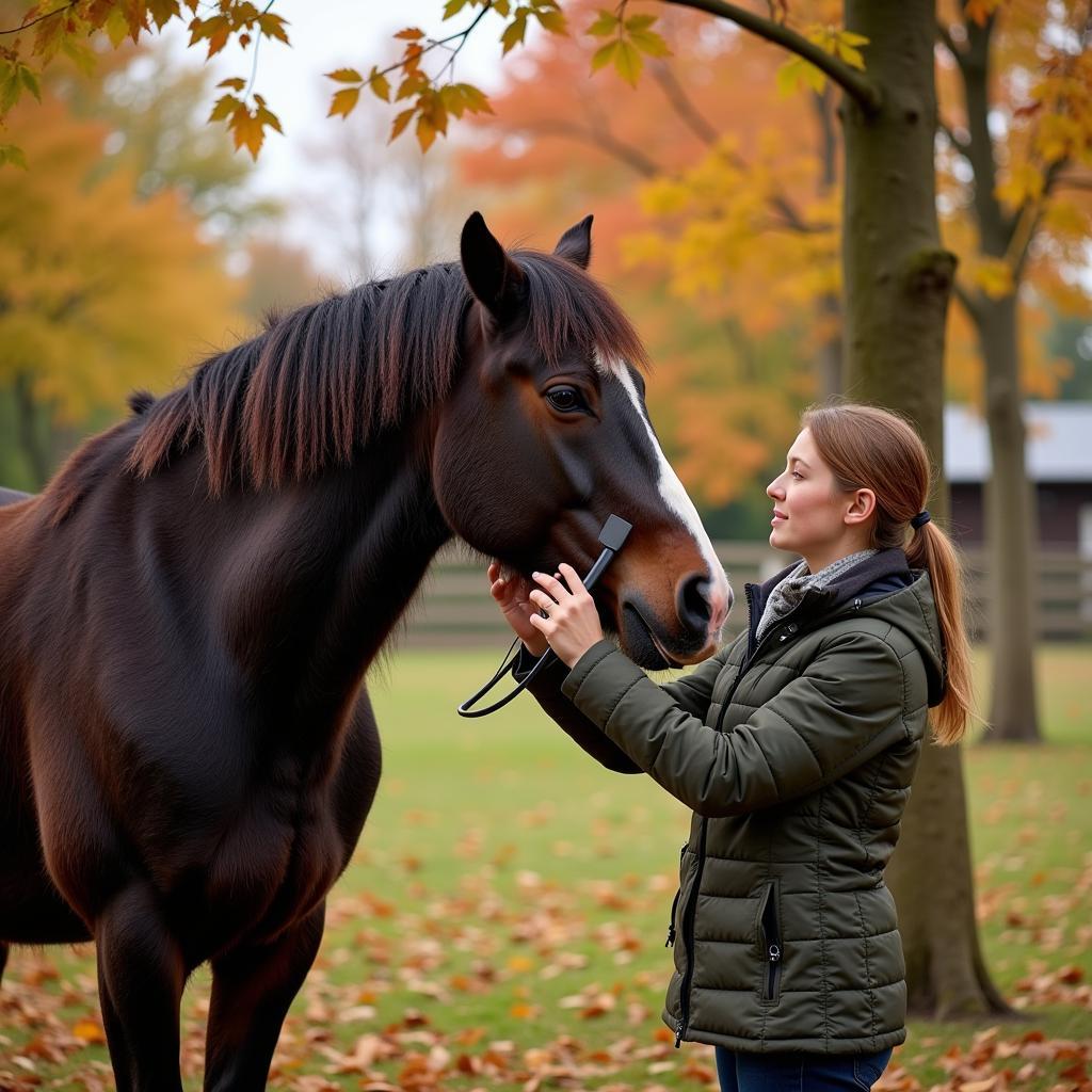 Horse being groomed in autumn