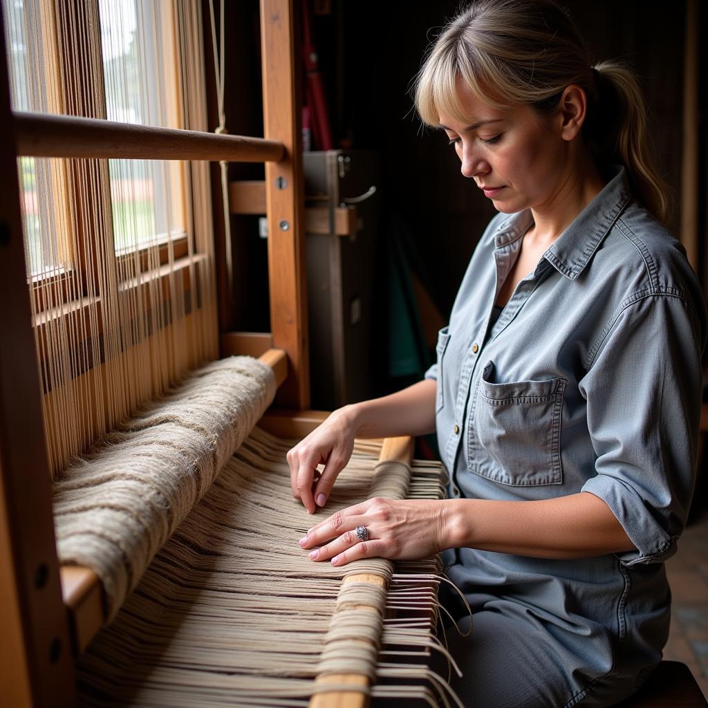 Artisan weaving horse hair fabric on a traditional loom